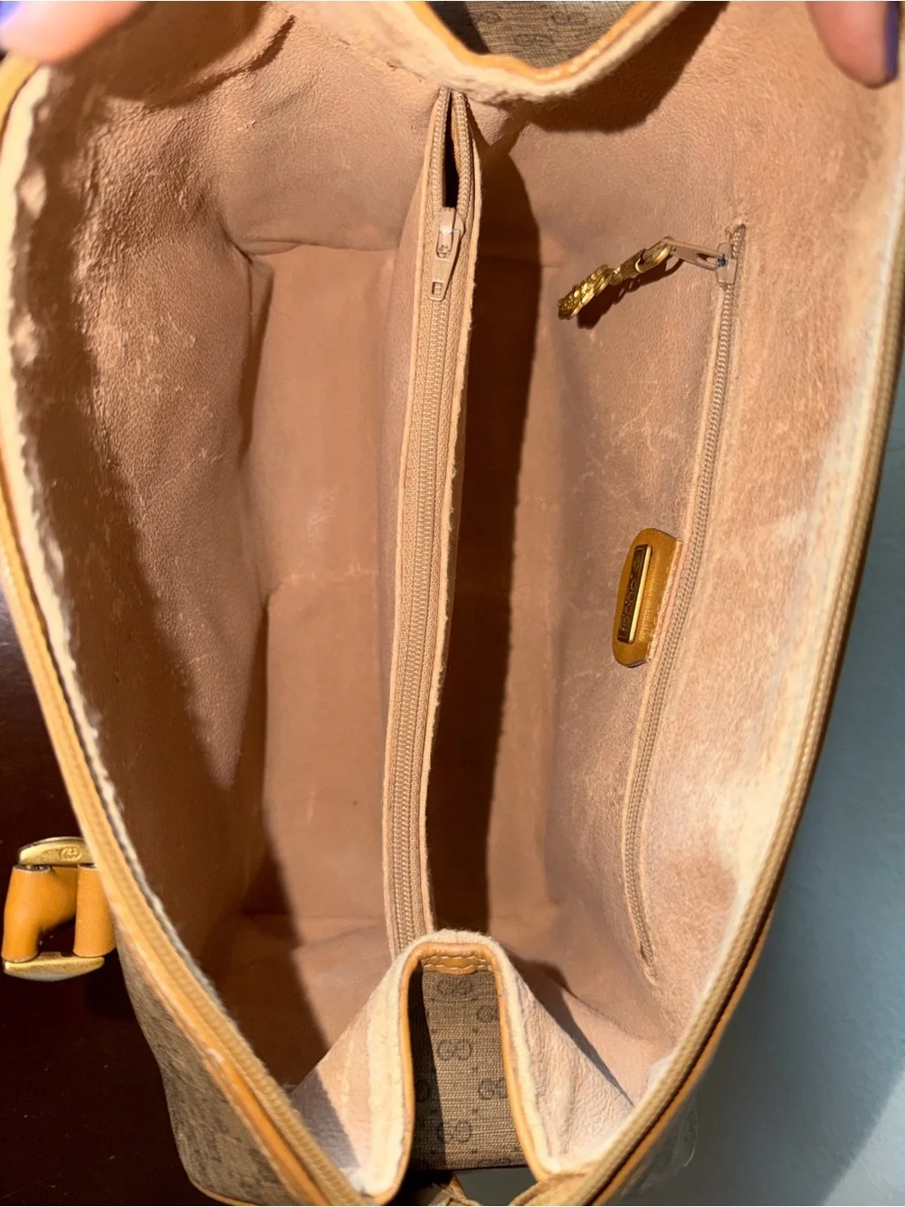 Vintage Gucci Micro GG Supreme Mini Boston Bag. Beige and gold PVC leather